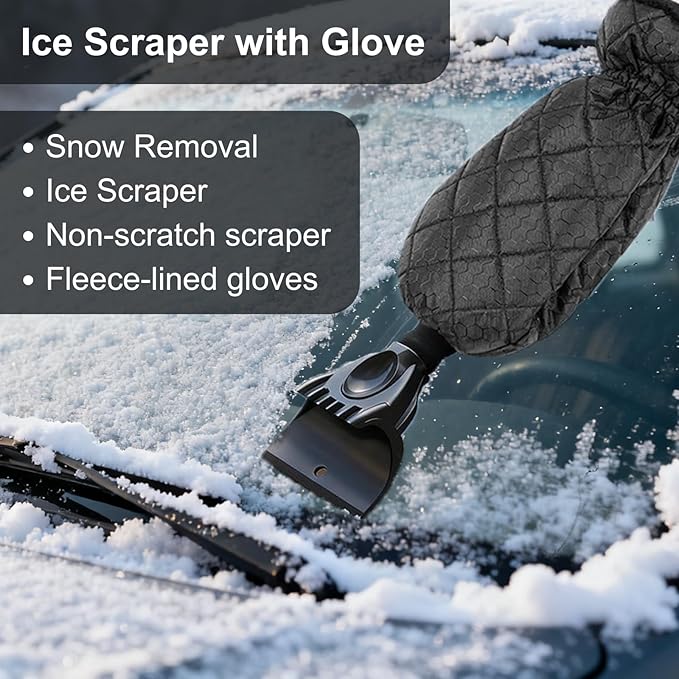 Ice Scraper with Glove - Waterproof Ice Scrapers Snow Removal Tool for Car Windshield, SUV, Truck - Comfortable Mitt Glove for Quick Ice & Snow Removal (Black)
