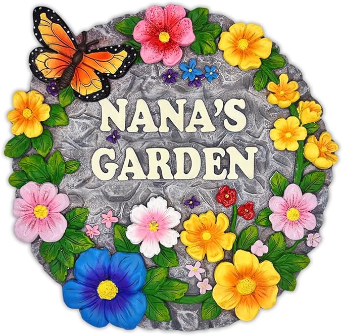 OrnamentallyYou Elegant Resin Stepping Stone, Outdoor Garden Pathway Decoration (Nana’s Garden Floral Stepping Stone, 9.5" Decorative and Gift for Grandmother)