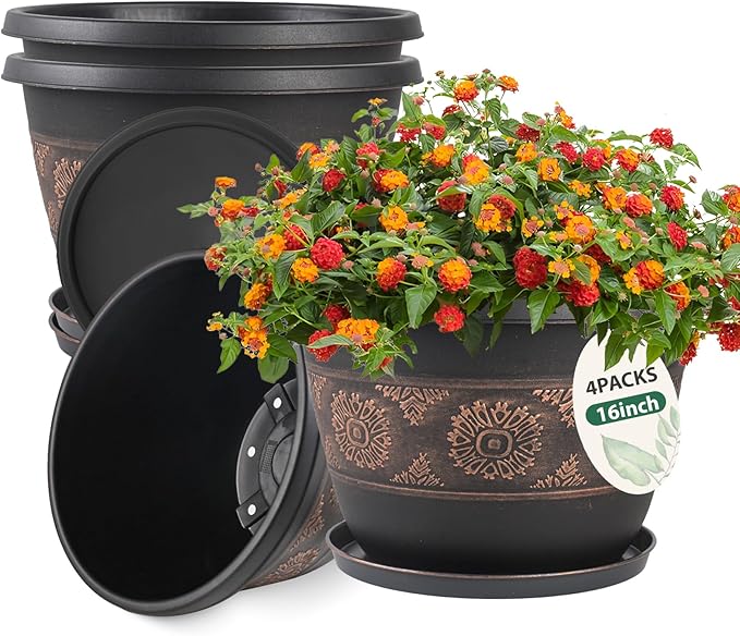 Usocik 4 Pack 16 inch Plant Pots, Retro Pattern Planters with Drainage Holes and Saucer, Sturdy Plastic Garden Flower Pots for Indoor & Outdoor Plants