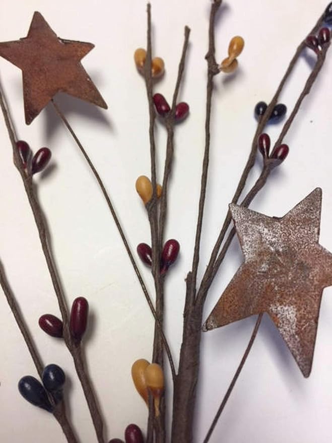 Colonial Americana Pip Berry Picks with Rusty Stars - 4 Pc Set | 12 inch