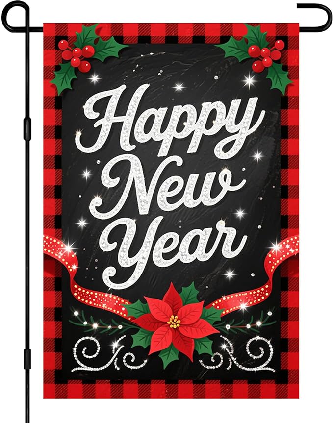 Happy New Year Garden Flag 12x18 Inch Double Sided Plaid Banner Outdoor Yard Decoration with Holly Berry and Poinsettia for Home Lawn Porch Seasonal Holiday Garden Flags