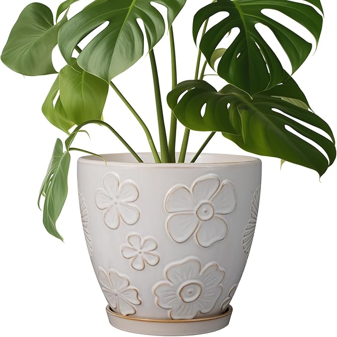 MPotTo Ceramic Planter 8 Inch Plant Pot with Drainage Hole and Saucer Ceramic Pots for Indoor Plants Outdoor Large Flower Pot for Home Decor White