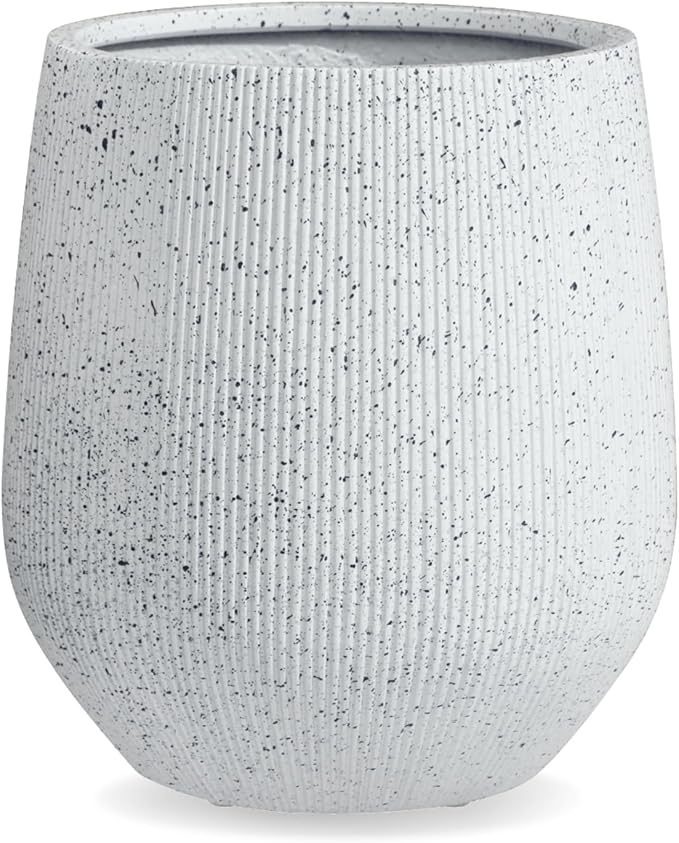 KUTE NEST 21"H x 19"D Ribbed Corso Fiberstone Round Tapered Planter with Drainage Hole, Weather Resistant for Indoor & Outdoor Use, Included 2 Extra Coco Mats (Ribbed Speckled White, 15" Pot Opening)