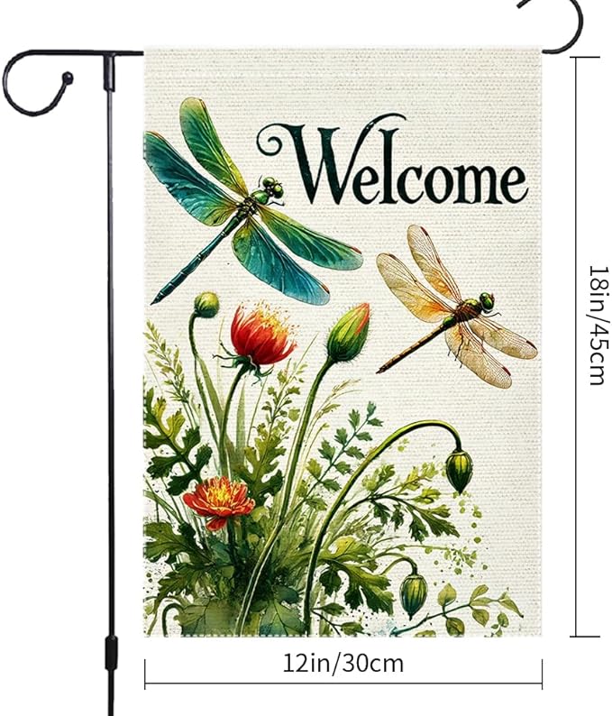 Hello Spring Summer Tulip Dragonfly Garden Flag 12x18 Inch Double Sided Burlap Seasonal Wildflowers Outdoor Lawn Rustic Farmhouse Home Yard Flags Decor