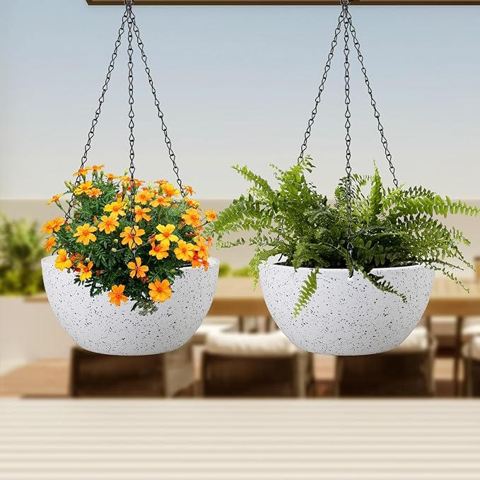 Meowell 12 inch Large Hanging Planters for Indoor Outdoor Plants, 2 Pack Hanging Flower Pots with Drainage Holes and Chain for Garden Porch, Plastic Hanging Baskets for House Plants, Speckled White