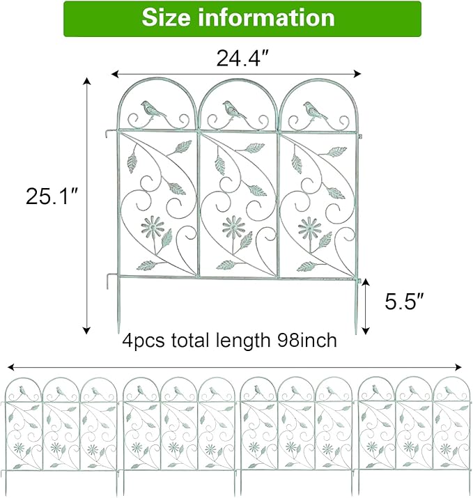 Sungmor 25in x 8ft Metal Garden Fence Border, Rustic Style Decorative Garden Fence Animal Barrier, Landscape Pathway Edge Iron Picket Fence Panels, Plant Support Climbing Trellis, Pack of 4