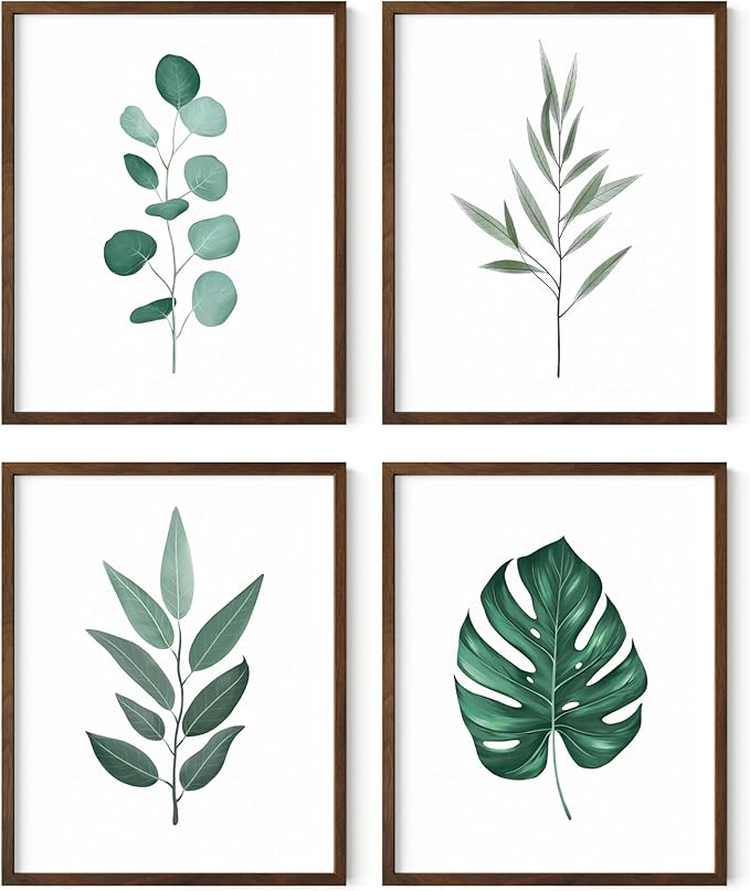 HAUS AND HUES Plant Wall Art - Botanical Prints, Green Wall Art Set, Plant Pictures, Leaves Paintings, Minimalist Sage Green Decor (8x10, Walnut Frame)