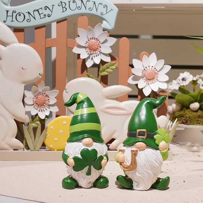 Newman House Studio St Patricks Day Decorations Gnome Décor - 2Pc Resin Gnome Figurines with Green Shamrock Horseshoe Modern Farmhouse Décor for Tabletop Home Décor