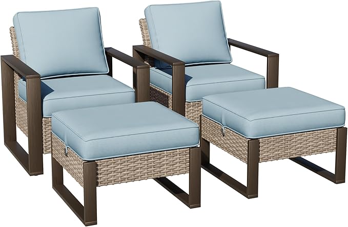 Joyside Outdoor Patio Chairs, 4 Pieces Wicker Rattan Furniture Set, 2 Patio Chairs and 2 Ottoman, Metal Wide Armrest, Thick Cushions and Deep Seating for Garden, Backyard, Porch, Deck