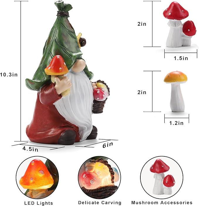 ZhiYo-GD Mushroom-Picking Gnome Solar Garden Statue with 3 LED Lights, Set with 1 Gnome and 2 Small Mushroom, Lovely Garden Gnome Set for Patio, Yard, Lawn Ornament, Outdoor Christmas Decor