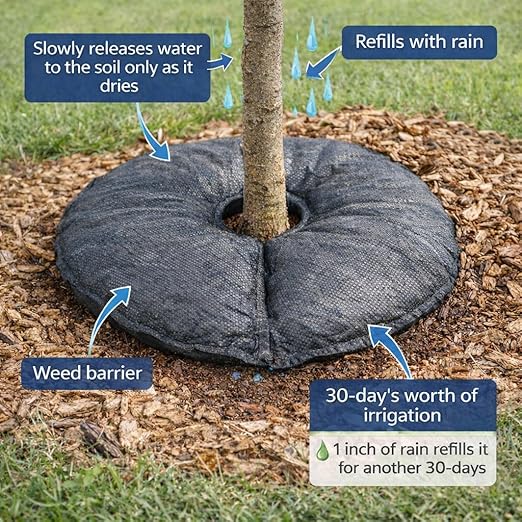 SteadySpring® 24" Smart 30+Day Tree Watering Mat - AUTO Refills with RAIN and Slow Releases As Plant Needs - for Root Balls 11" - 15" Dia Slow Release Technology Prevents Over and Under Watering (2)