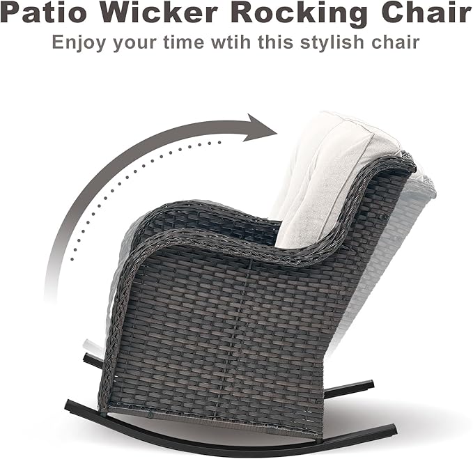 Rilyson Patio Chairs Outdoor Rocking Chair - 2 Piece Wicker Rattan Rocker Chairs Set with High Back and Deep Seating for Porch Deck Garden Backyard(Brown/Beige)