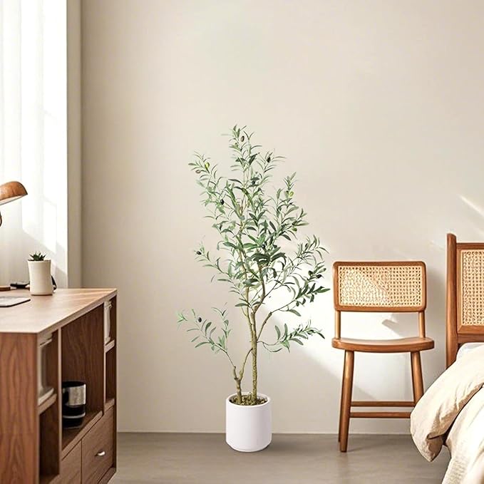 Artificial Fake Olive Tree 4FT Tall 1Pack with White Planter Faux Silk Olive Tree for Home Living Room Office Decor Faux Artificial Plants Indoor with Fruit & Free Moss