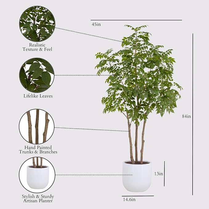 CG Hunter Faux Sumac Tree, Premium Artificial Indoor Tree Stands 7-ft Tall, Lifelike-Leaves & Hand Painted Trunk, Planter Pot Included