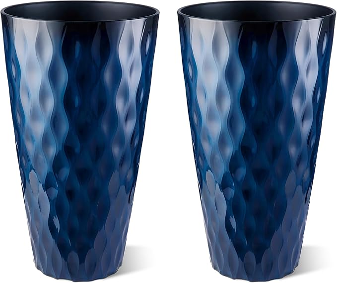 Glitzhome 23.75" H Tall Planter, Set of 2 Wavy Texture Cobalt Blue Large Tall Outdoor Planters, with Drainage Hole, Plastic Large Round Decorative Flower Plant Pot for Indoor, Front Porch