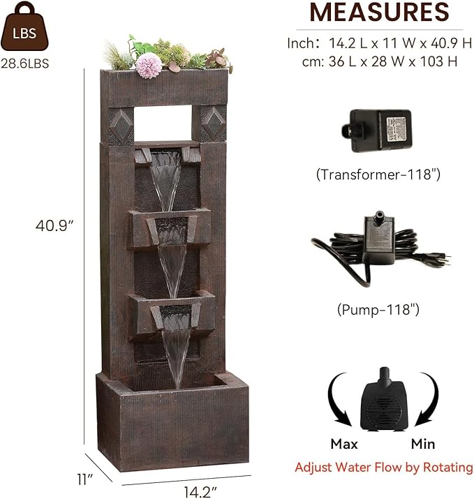 40.9" H Indoor Outdoor Modern Water Fountain with Lights & Pump, 4-Tier Cascading Outdoor Patio Waterfall Fountain for Garden, Porch, Yard, Landscape, Indoor Décor, Brown Vintage Wood-Look