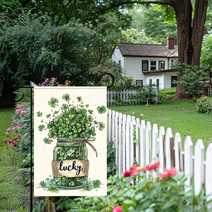 St Patricks Day Garden Flag 12x18 Inch Double Sided,Shamrocks Lucky Outdoor Irish Decor House Porch Flag for St Patrick's Day Party and Yard Decorations