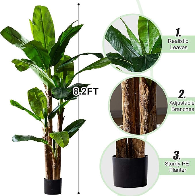 Artificial Banana Tree 8.2ft, Faux Tropical Palm Tree Plant with Realistic Leaves, Low Maintenance Indoor Outdoor Decor for Home Office Porch, in Nursery Pot