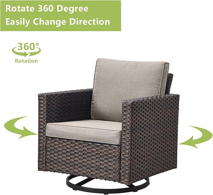 Rilyson Outdoor Patio Swivel Rocker Chairs - 3 Piece Wicker Patio Furniture Bistro Swivel Rocking Chairs Set with Comfortable Cushions,Sturdy Metal Frame and Side Table for Porch Deck(Brown/Grey)