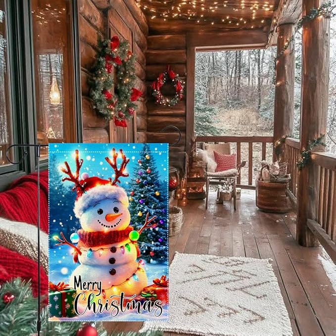 Christmas Snowman Garden Flag 12x18 Inch Double Sided Burlap Outdoor Holiday Yard Decor Cute Winter Lawn Banner with Lights Santa Hat Tree Gifts for Porch Patio Front Door
