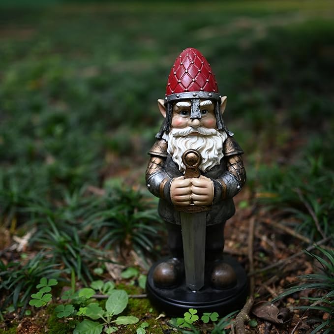 Gnome Knight Holding sword - armored, 9 inches: Warrior statue for Garden