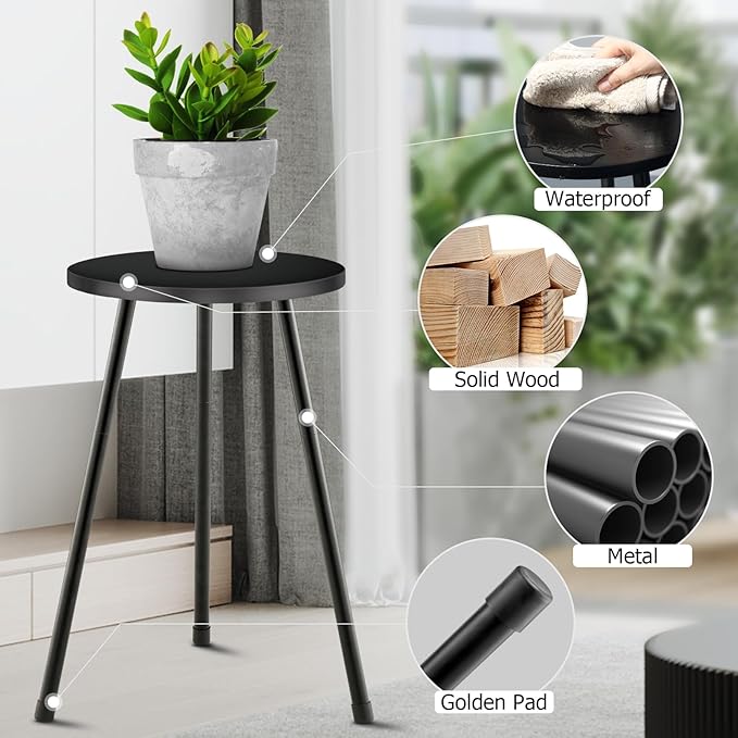 KINNARY Black Tall Plant Stand Indoor Set of 2, Mid Century Wood Plant Table for Flower Pots, Metal Plant Holder, Modern Home Decor Small Round Side End Table (11.8"x20")