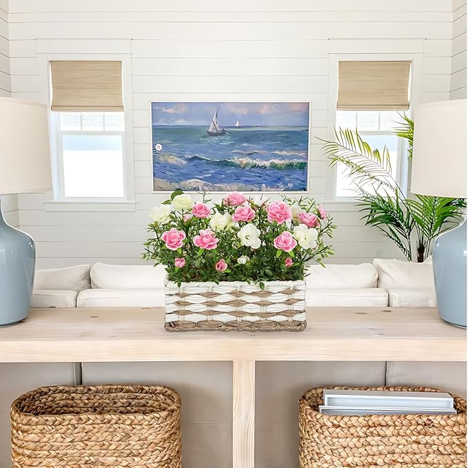 Artificial Rose Flowers with Woven Basket, Faux Roses in Fake Rattan Planter for Table Centerpiece, Romantic Floral Arrangement for Home Bedroom Spring Wedding Sweet Decor, Cream White & Soft Pink