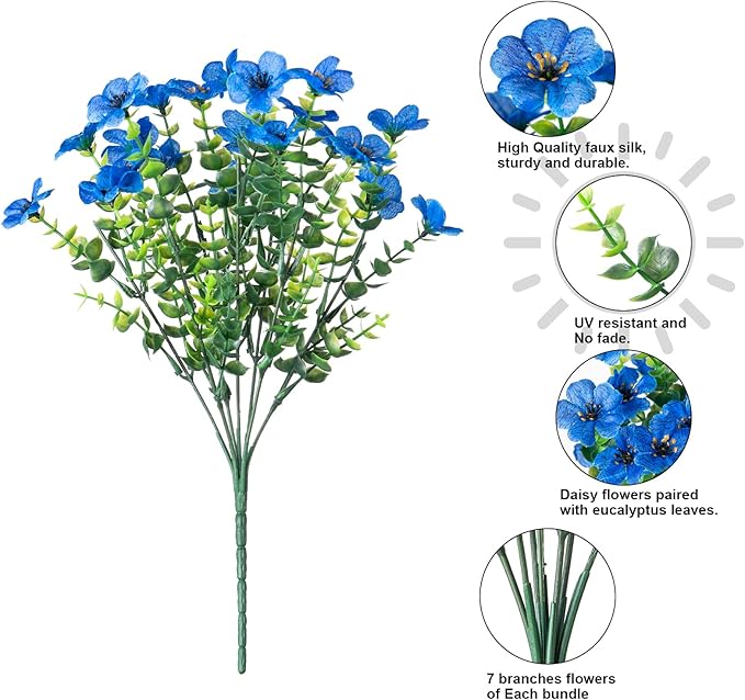 florisso Artificial Fake Plants Flowers for Outdoor Outside Summer Decoration, 12 Bundles Faux Silk Blue Daisy UV Resistant Look Real for Porch Patio Home Yard Garden Planter