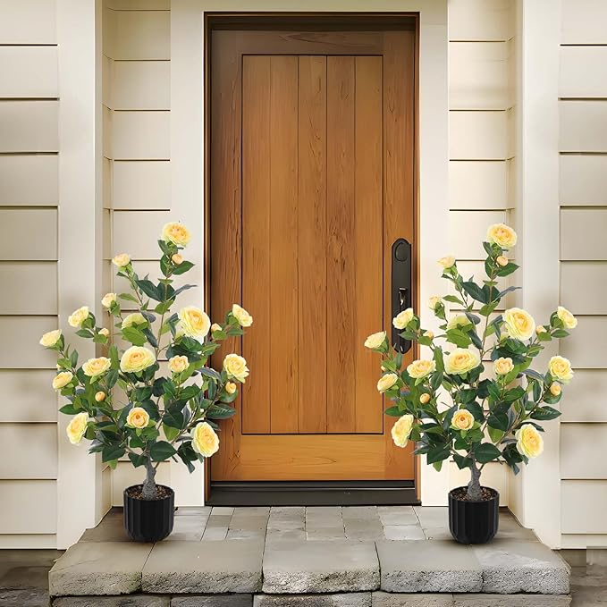 Hananona 2 Pcs Artificial Camellia Trees Faux Camellia Plant in Pot with Flowers Indoor Plants for Spring Home Decor Outdoor Porch Front Door Decor (Yellow, M)