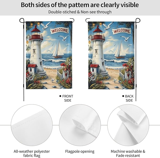 Lighthouse With Beach Garden Flag 12x18 Inch Double Sided All-Weather Polyester Outdoor Flag For Patio Lawn Yard And Garden Welcome Decor
