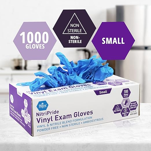 MED PRIDE Nitrile/Vinyl Blend Exam Gloves, Powder-Free, Latex-Free, Disposable, Non-Sterile, Blue (1000, Small)