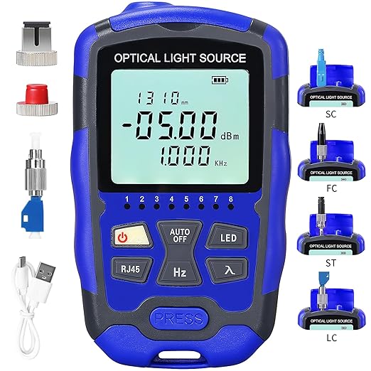 Rechargeable Fiber Optic Light Source A-MC1315 Fiber Optic stabilized Light Source RJ45 Network Testing Single-Mode Dual wavelength 1310 1550nm Suitable for SC/FC/ST/LC Interface with 1 FC-LC Adapter