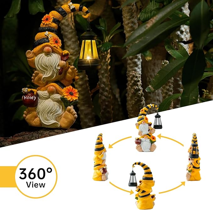Solar Bee Garden Gnomes with LED Lantern – Waterproof Stacked Outdoor Decor for Yard, Patio – Unique Gnome Gift for Women, Mom, Grandma (Weatherproof Resin, Outdoor Statues)