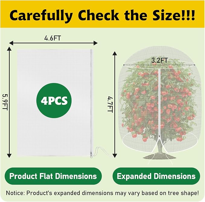 OZMI 4 Pack Fruit Tree Blueberry Bush Netting Cover, 4.6Ft x 5.9Ft Reusable Bird Netting for Garden Protection with Zipper & Drawstring, Shrubs Tomato Strawberry Plant Bushes Protector