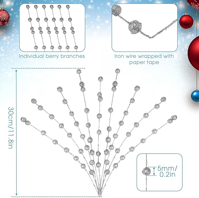 Syhood 200 Pcs Glitter Berry Stems, 13.8 Inches Christmas Berry Picks Holly Branches for Christmas Tree Decorations, Holiday Ornaments Home Decor and DIY Crafts(Silver)