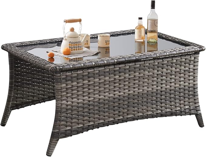 Belord Patio Coffee Table Outdoor Rectangular Glass Table, Handwoven Rattan Patio Furniture Grey Wicker Coffee Table Compatible with Patio Chairs and Sofa Sets for Backyard Sunroom Outside Lawn