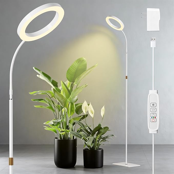 LPMZMBL One Head Grow Light for Indoor Plants Full Spectrum - Floor Standing Plant Lamp with Auto Timer 6/12/18H, 5-Level Dimmable & Adjustable Height 16.5-68in for Large Tall Plants | White