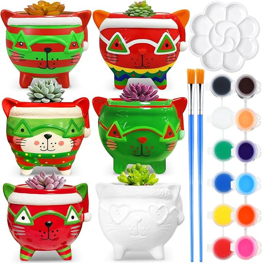 Pasimy 6 Set Ceramics to Paint DIY Ceramic Succulent Planter Pots Paint Your Own Flower Pots Craft Kit Unpainted Bisque Flowerpot with Brush Palette for Family Activity Holiday Gifts(Christmas Cat)