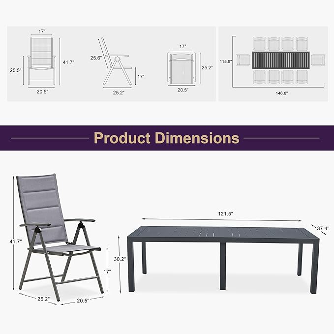 PURPLE LEAF 11 Pieces Outdoor Patio Dining Set with 10 Soft Cotton-Padded Folding Portable Chairs and 1 Large Rectangle Dining Aluminum Table, Ldeal for Pergola Pavilion Poolside, Grey