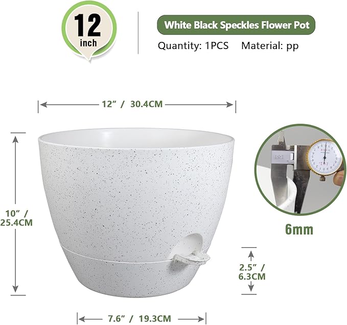 Meowell 12 inch Large Self Watering Pots for Indoor Outdoor Plants, Plant Pots with Mesh Drainage Holes for Garden House Plants, Plastic Planters with Reservoir for Flower, Speckled White