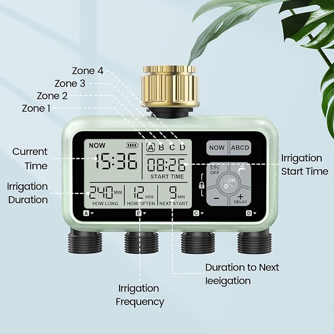 Watering Timer 4 Zone with with Brass Inlet, Sprinkler Timer, Programmable Garden Outdoor Hose Faucet Timers with Rain Delay/Manual/Automatic Watering System,Water Hose Irrigation Timers 4 Outlet