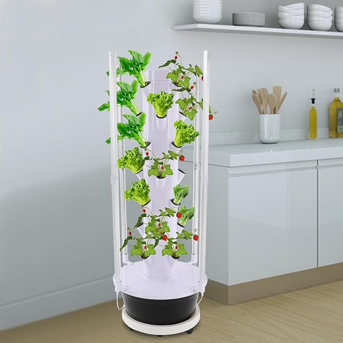 Hydroponic Growing System, 28-Plant Vegetable Planter Tower with LED Light, Outdoor Indoor Garden Vertical Planter Germination Kit with Water Pump, Intelligent Water Circulation & Timer Function