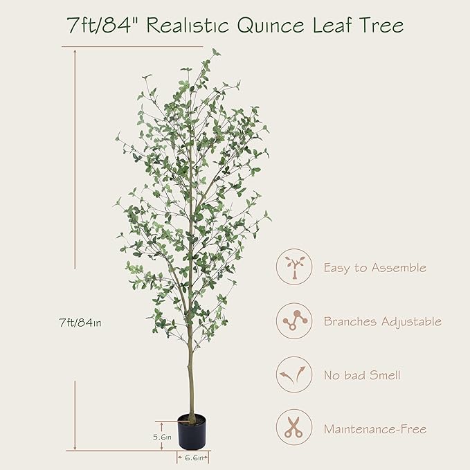 Bellacat 7ft Artificial Quince Leaf Tree with Realistic Trunks, 84in Faux Quince Leaf Tree with Lifelike Leaves for Garden, Home, Living Room Decor