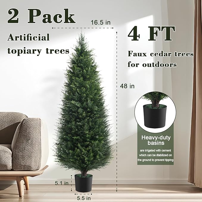 Chillchard Two 4ft Artificial Plants Topairy Faux Cedar Trees for Outdoor Planters, 48IN Tall Fake Pine Bushes UV Resistant Large Potted Shrubs for Front Porch Décor