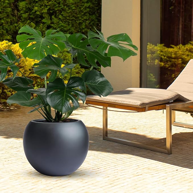 KUTE NEST 9.7" H x 12" D Globo Fiberstone Round Planter with Drainage Hole, Smooth Finishes, Weather Resistant for Indoor and Outdoor Use, Included 2 Extra Coco Mats (Black, 7.8" Pot Opening)