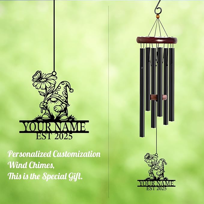 Personalized Customize Name Gnome Wind Chime, Metal Iron 37 Inch Outdoor Memorial Gift for Garden Yard Patio Home Decor, Black，Christmas (Style A)