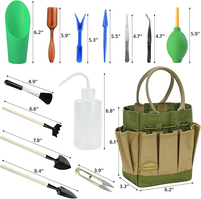 Permade Succulent Tools Kit with Organizer Bag- 13Pcs Indoor Gardening Tools |Mini Succulent Hand Tools with Tote, Succulent Transplanting Supplies, Present for Gardeners Plant Care (Green)