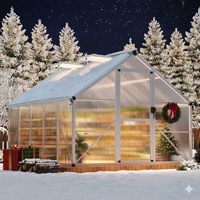 IDEALHOUSE 8X10 FT Greenhouse for Outdoors, Lockable Door and Ajustable Roof Vent, Polycarbonate Greenhouse with Water Gutter System, Aluminum Walk-in Greenhouses, for Backyard, Lawn