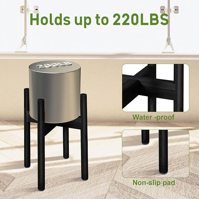 BESHOF 2 Pack Bamboo Plant Stands, Adjustable Plant Stand Indoor, Mid Century Modern Plant Stand, Plant Holder for Living Room, Balcony Fits 8 to 12 Inches Pots (Black)