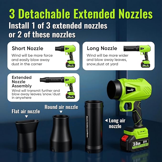 Blumway Leaf Blower Cordless with Battery, 21V Handheld Leaf Blower with 3 Extended Nozzles, Electric Leaf Blowers with 2 Pcs 3.0Ah Batteries, Portable Leaf Blowers for Lawn Care, Leaves,Dust, Car
